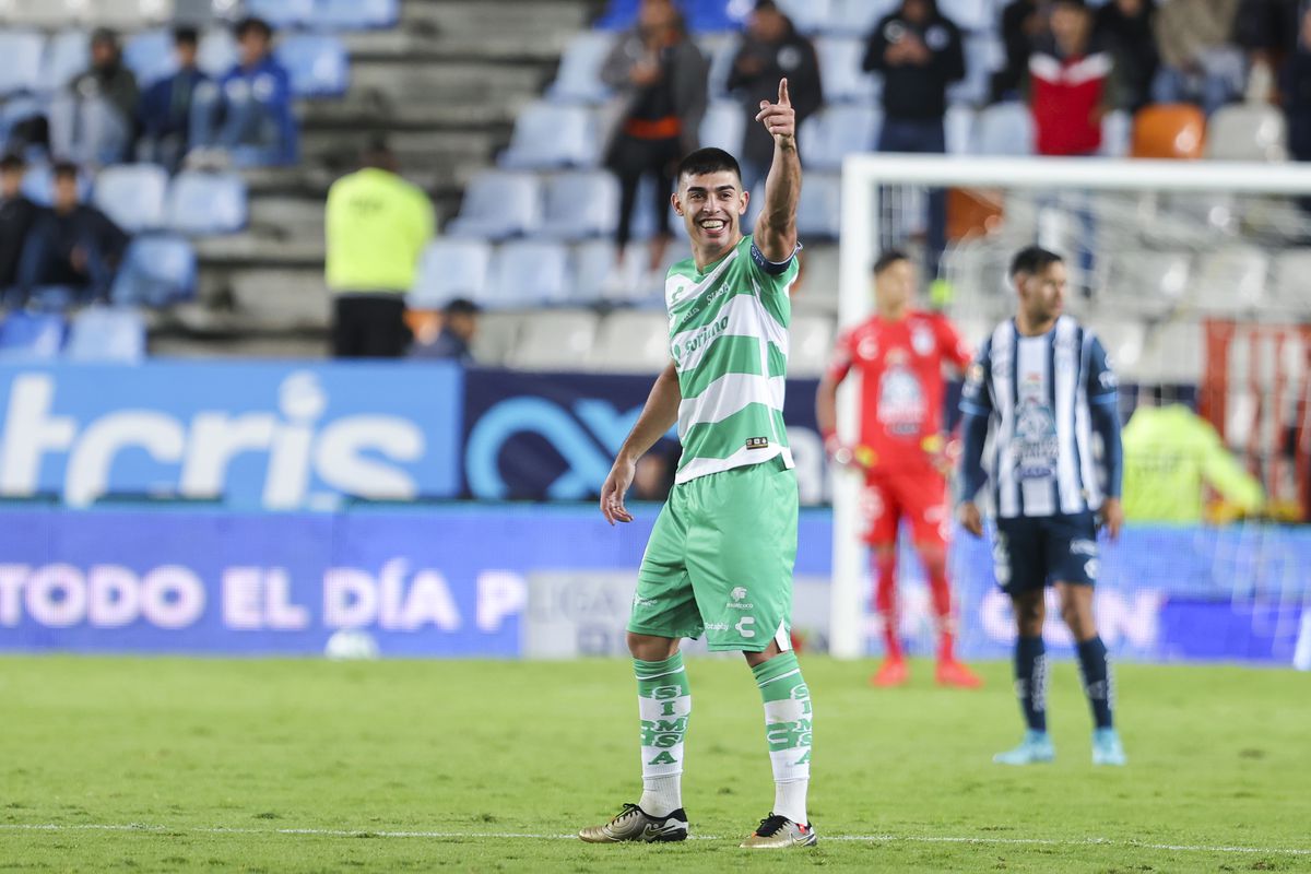 Juan Brunetta of Santos celebrates after scoring the team’s first goal during the 8th round match between Pachuca and Santos Laguna as part of the Torneo Apertura 2023 Liga MX at Hidalgo Stadium on September 18, 2023 in Pachuca, Mexico.