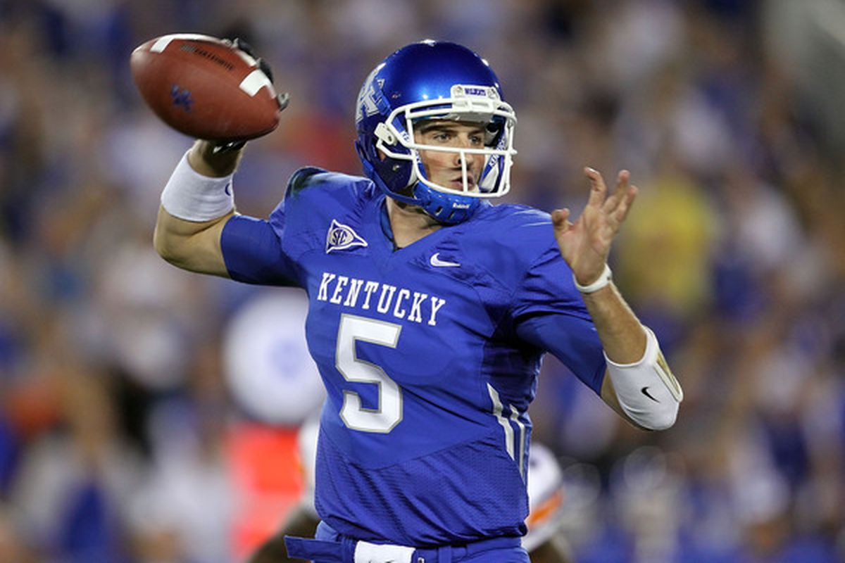 LEXINGTON, KY - OCTOBER 09:  Mike Hartline #5 of the Kentucky Wildcats throws a pass during the SEC game against  the Auburn Tigers  at Commonwealth Stadium on October 9, 2010 in Lexington, Kentucky.  (Photo by Andy Lyons/Getty Images)