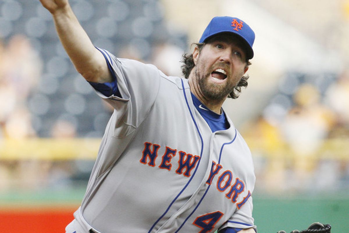May 22, 2012; Pittsburgh, PA, USA; New York Mets starting pitcher R.A. Dickey (43) pitches against the Pittsburgh Pirates during the first inning at PNC Park. Mandatory Credit: Charles LeClaire-US PRESSWIRE