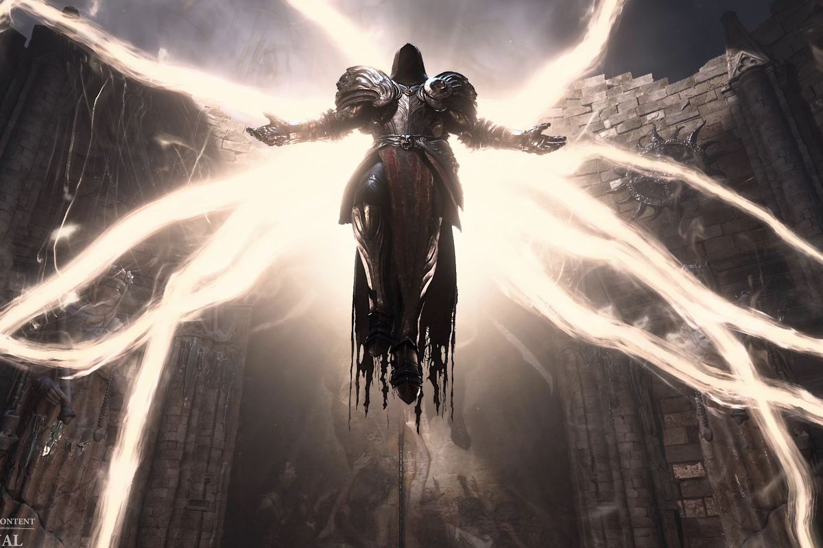 An angel rises above the player in Diablo 4, holding their hands in front of their golden wings