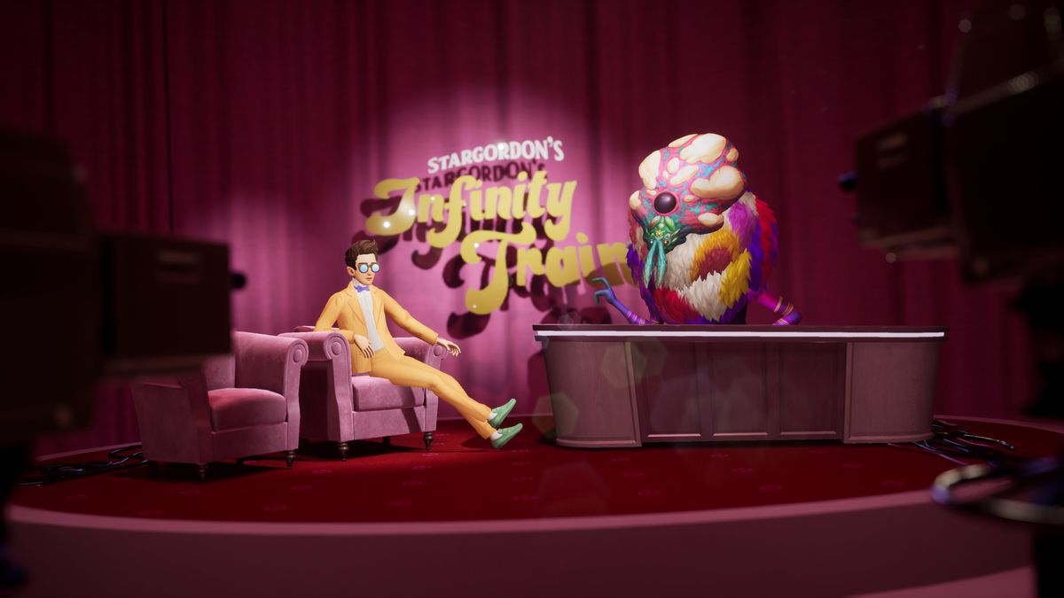 The Artful Escape’s main character, Francis Vendetti, sits on a talk show set being interviewed by a monster