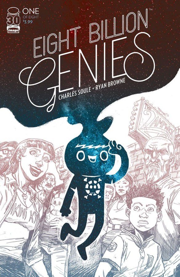 A crowd of people look with expressions of fear, shock, and elation at a little cartoony figure floating in the air on the cover of Eight Billion Genies #1 (2022). 