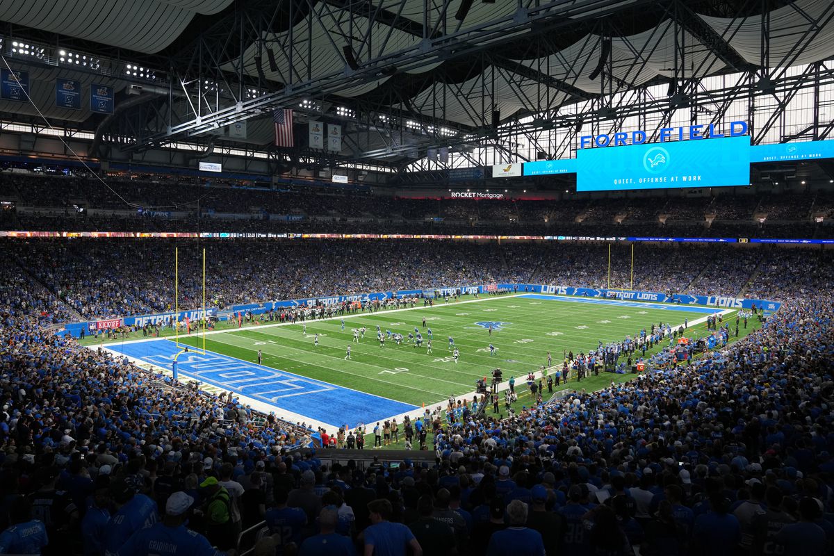 A general view of the field during the game between the Philadelphia Eagles and Detroit Lions at Ford Field on September 11, 2022 in Detroit, Michigan.