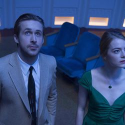 This image released by Lionsgate shows Ryan Gosling, left, and Emma Stone in a scene from, "La La Land." The film was nominated for a Golden Globe award for best motion picture musical or comedy on Monday, Dec. 12, 2016. The 74th Golden Globe Awards ceremony will be broadcast on Jan. 8, on NBC.