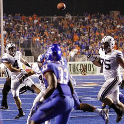 Taysom Hill of the Brigham Young Cougars throws an incomplete pass while trying a two point conversion against Boise State during NCAA football in Boise, Thursday, Sept. 20, 2012. 