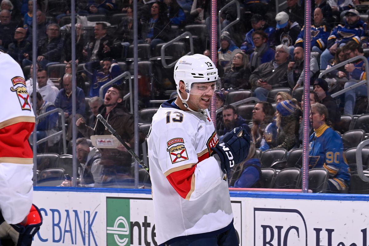 Sam Reinhart of the Florida Panthers reacts after scoring a goal against the St. Louis Blues on January 9, 2024 at the Enterprise Center in St. Louis, Missouri.