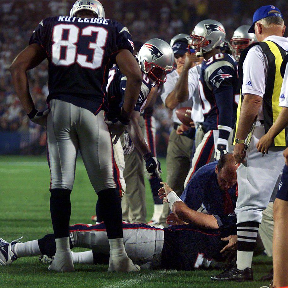Drew Bledsoe’s injury in Week 2 of the 2001 season would allow Tom Brady to take over the Patriots quarterback job (Jim Davis/The Boston Globe via Getty Images)