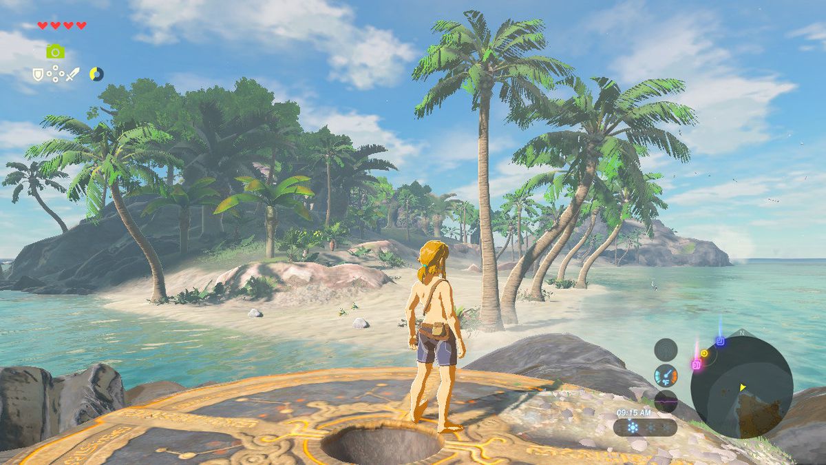 Link from The Legend of Zelda: Breath of the Wild standing on Eventide Island, shirtless, with no gear.