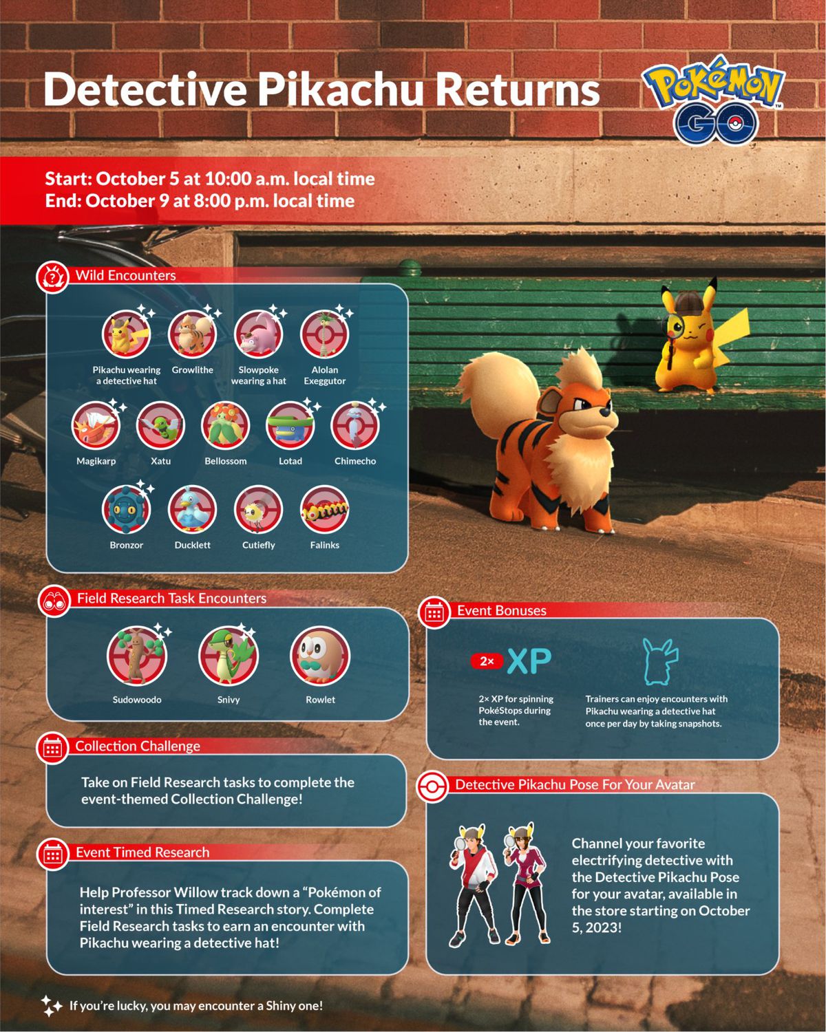 An infographic for Pokémon Go’s “Detective Pikachu Returns” event, with a Growlithe and Detective Pikachu on it.