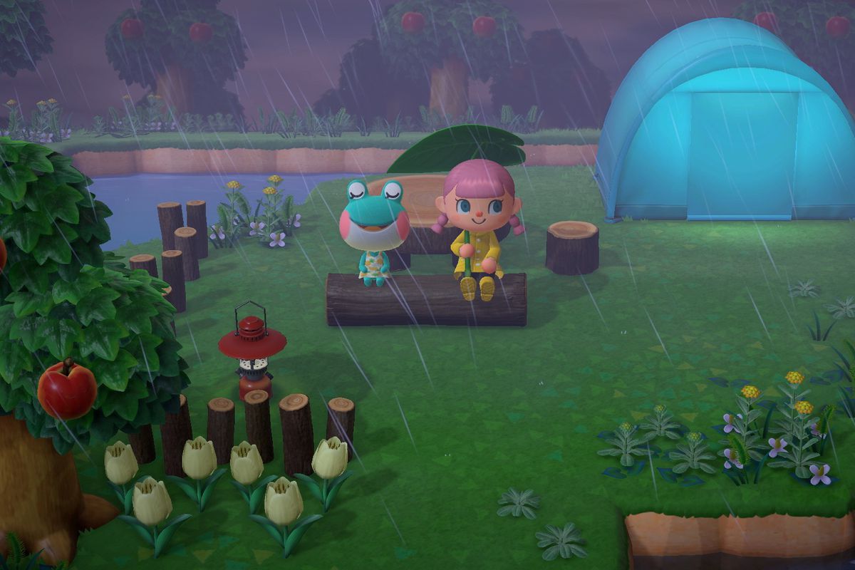 a young pink-haired girl and a smiling frog enjoy the rain near a tent in Animal Crossing: New Horizons