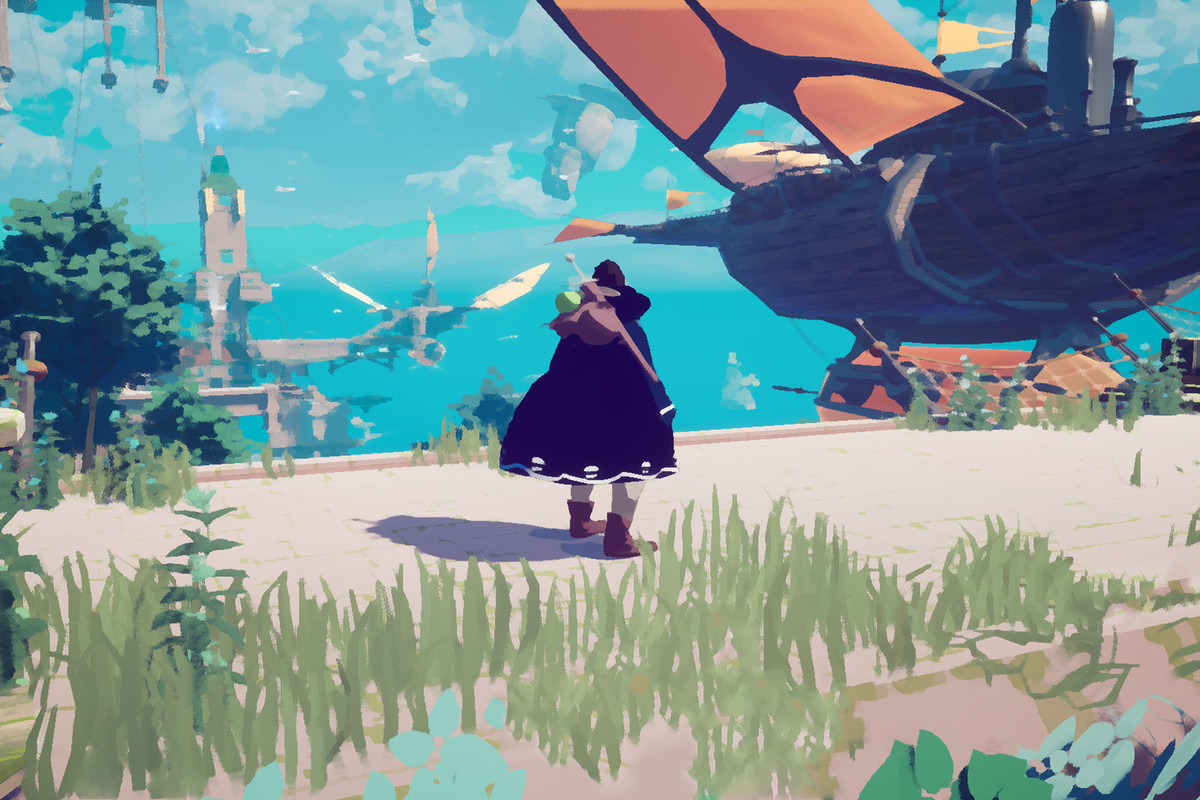 a figure wearing a cape looks out onto an open sky filled with giant airships 