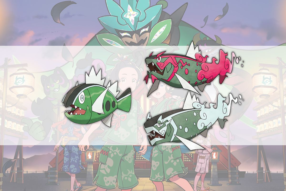 White-Striped Basculin and Basculegion over key art for Pokémon Scarlet/Violet: The Teal Mask