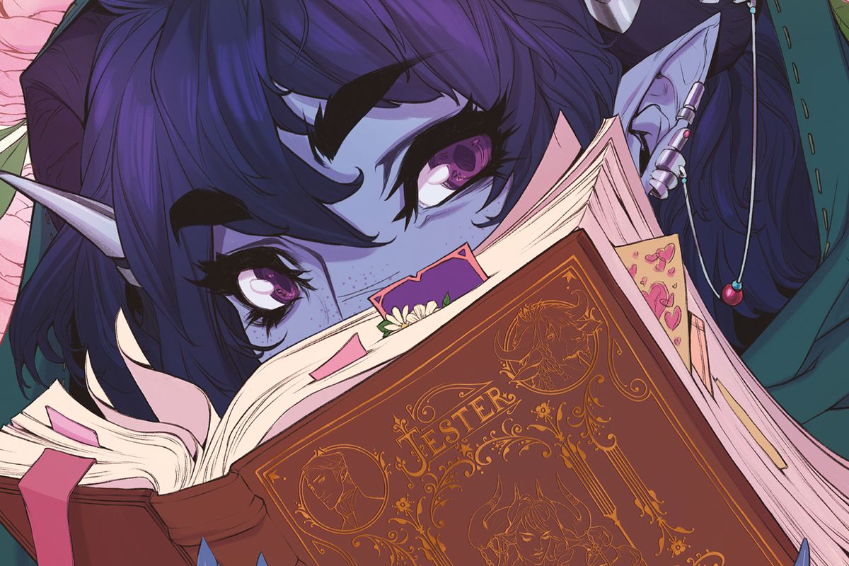 a purple tiefling peeks over a book in artwork from Mighty Nein