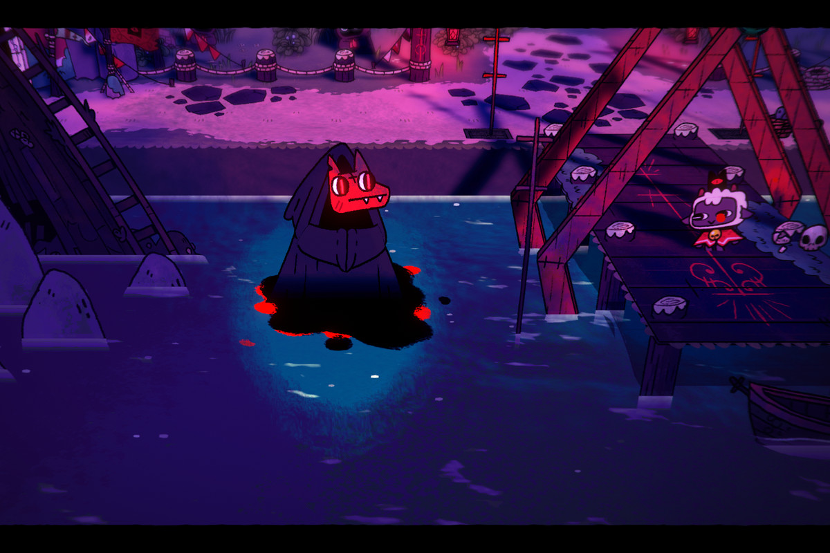The lamb talks to a creepy fox in the water in Cult of the Lamb