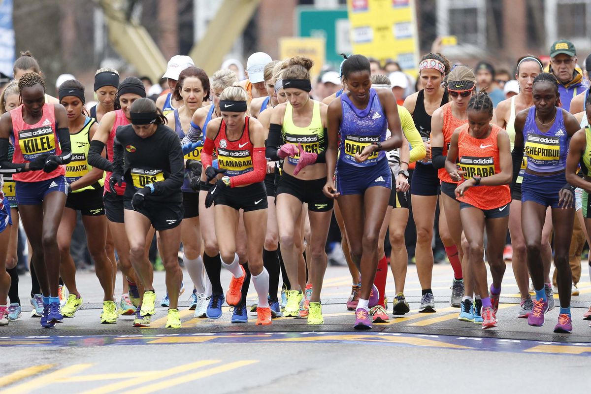 The elite women's group at the start of the Boston Marathon Monday
