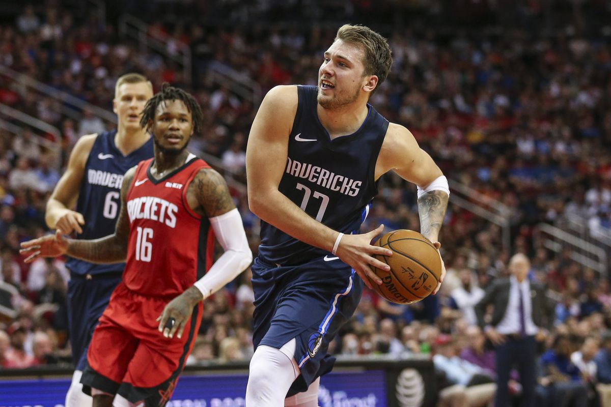 Dallas Mavericks forward Luka Doncic drives with the ball during the fourth quarter against the Houston Rockets at Toyota Center.&nbsp;