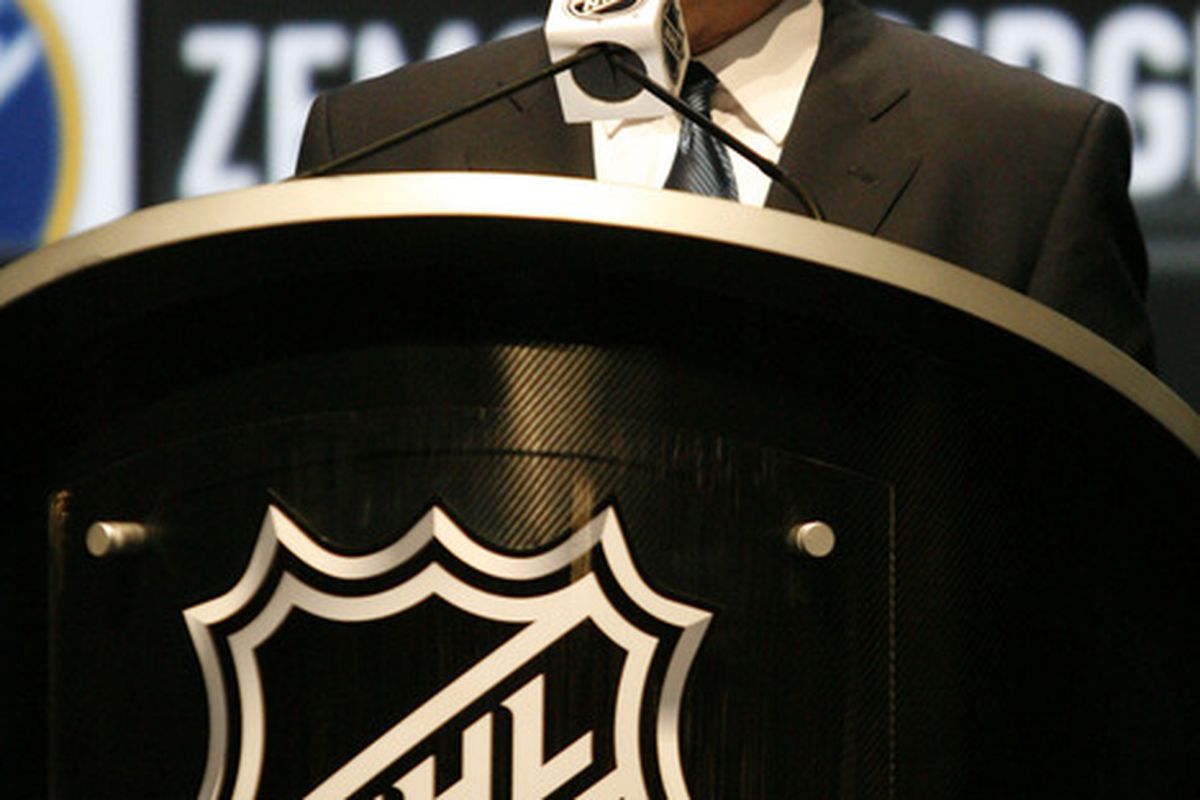 June 22, 2012; Pittsburgh, PA, USA; NHL Commissioner Gary Bettman on stage at the 2012 NHL Draft at CONSOL Energy Center.  Mandatory Credit: Charles LeClaire-US PRESSWIRE