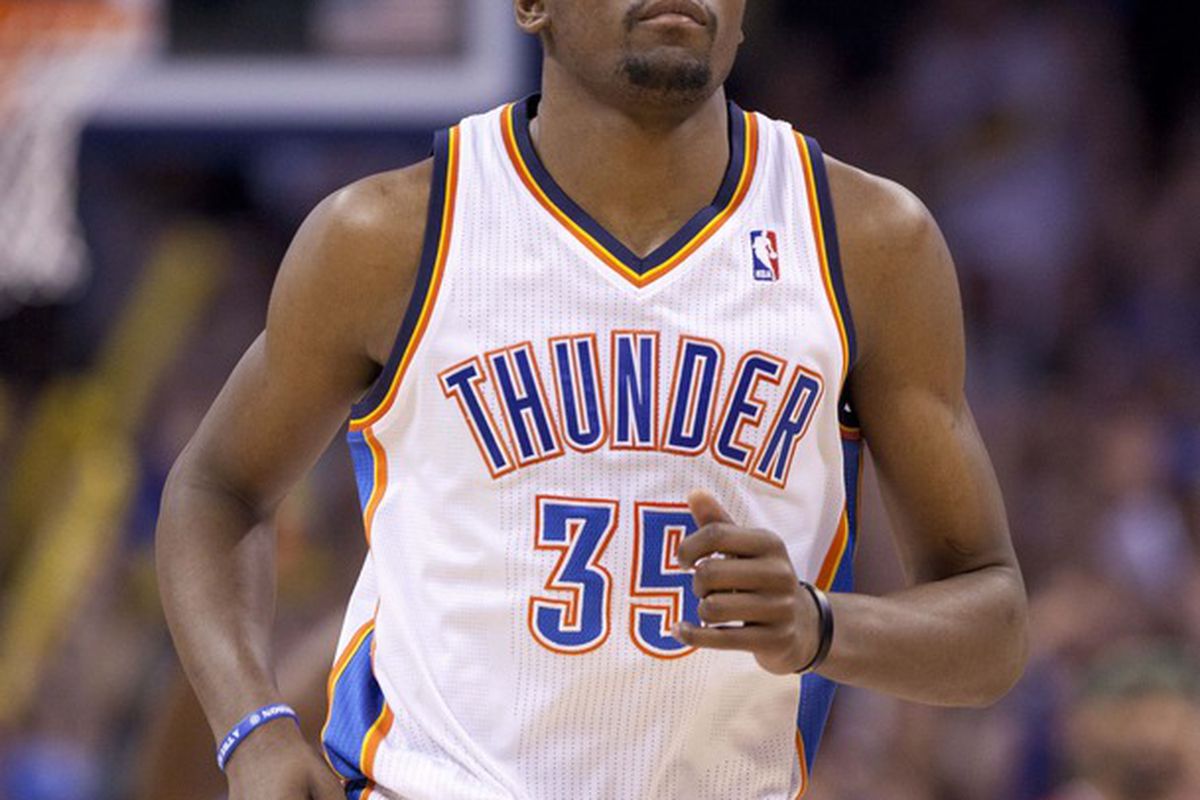 April 11, 2012; Oklahoma City  OK, USA; Oklahoma City Thunder small forward Kevin Durant (35) looks at the score during the fourth quarter against the Los Angeles Clippers at Chesapeake Energy Arena Mandatory Credit: Richard Rowe-US PRESSWIRE