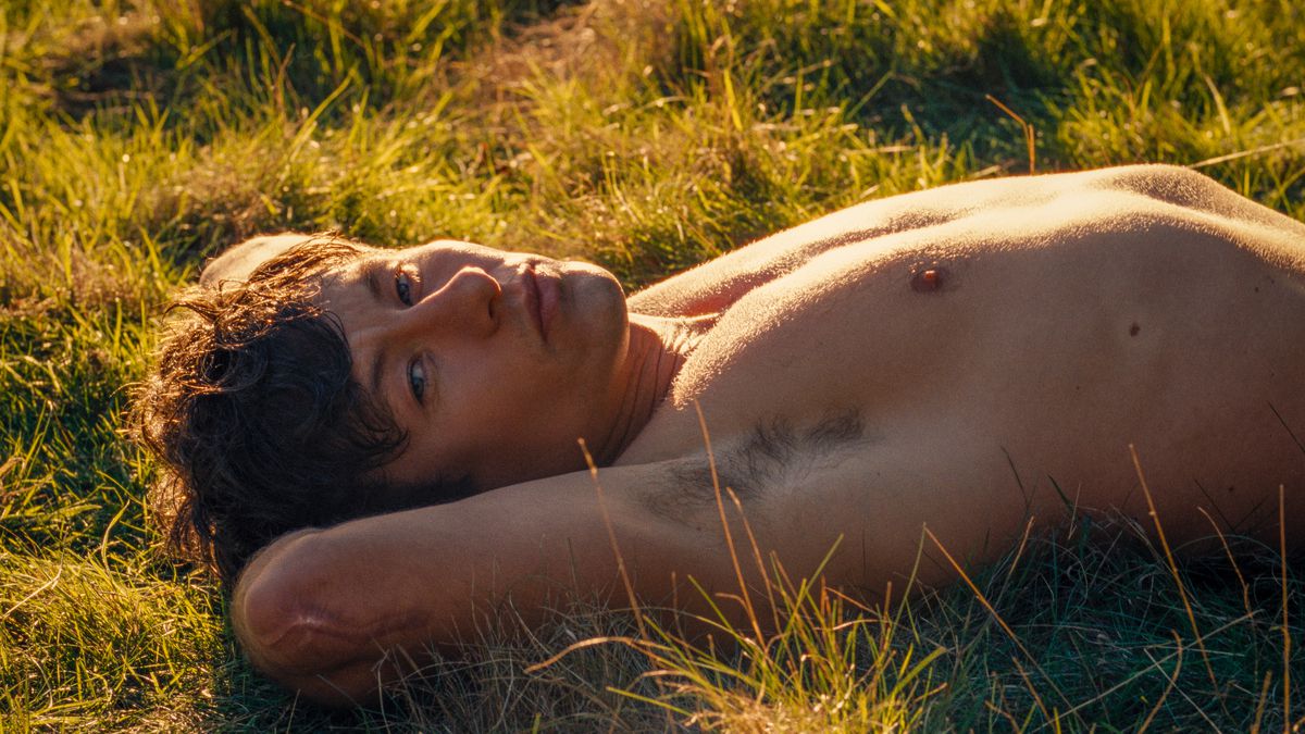 A still of Barry Keoghan laying shirtless in the grass as he looks at the camera in Saltburn. 