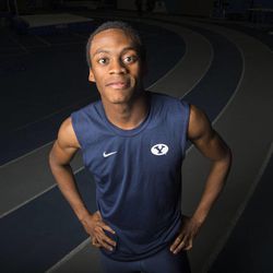 Shaquille Walker works out Monday, Feb. 9, 2015, with other members of the BYU track team in Provo.