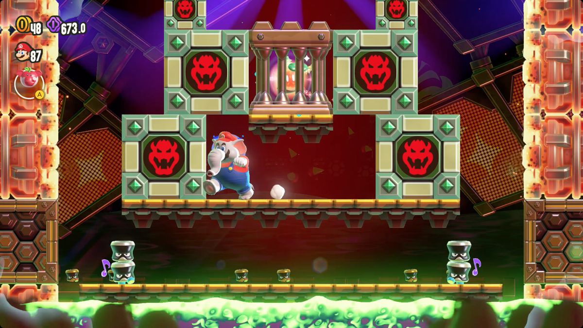 Super Mario Bros. Wonder KnuckleFest Bowser’s Blazing Beats screenshot showing the location of a Wonder Seed.