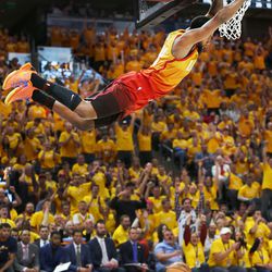 Utah Jazz forward Royce O'Neale (23) dunks on the Houston Rockets during the NBA playoffs in Salt Lake City on Saturday, April 20, 2019.