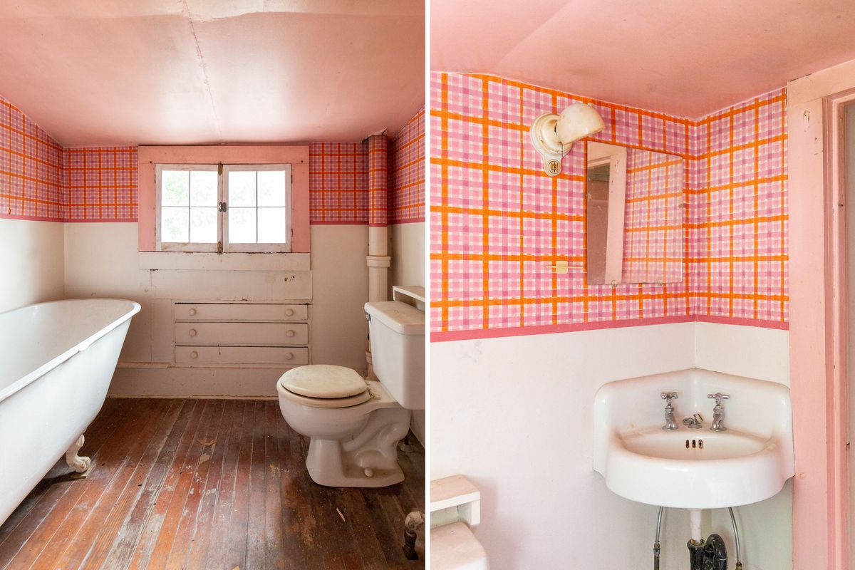 An old bathroom with built-ins and 70’s plaid wallpaper 