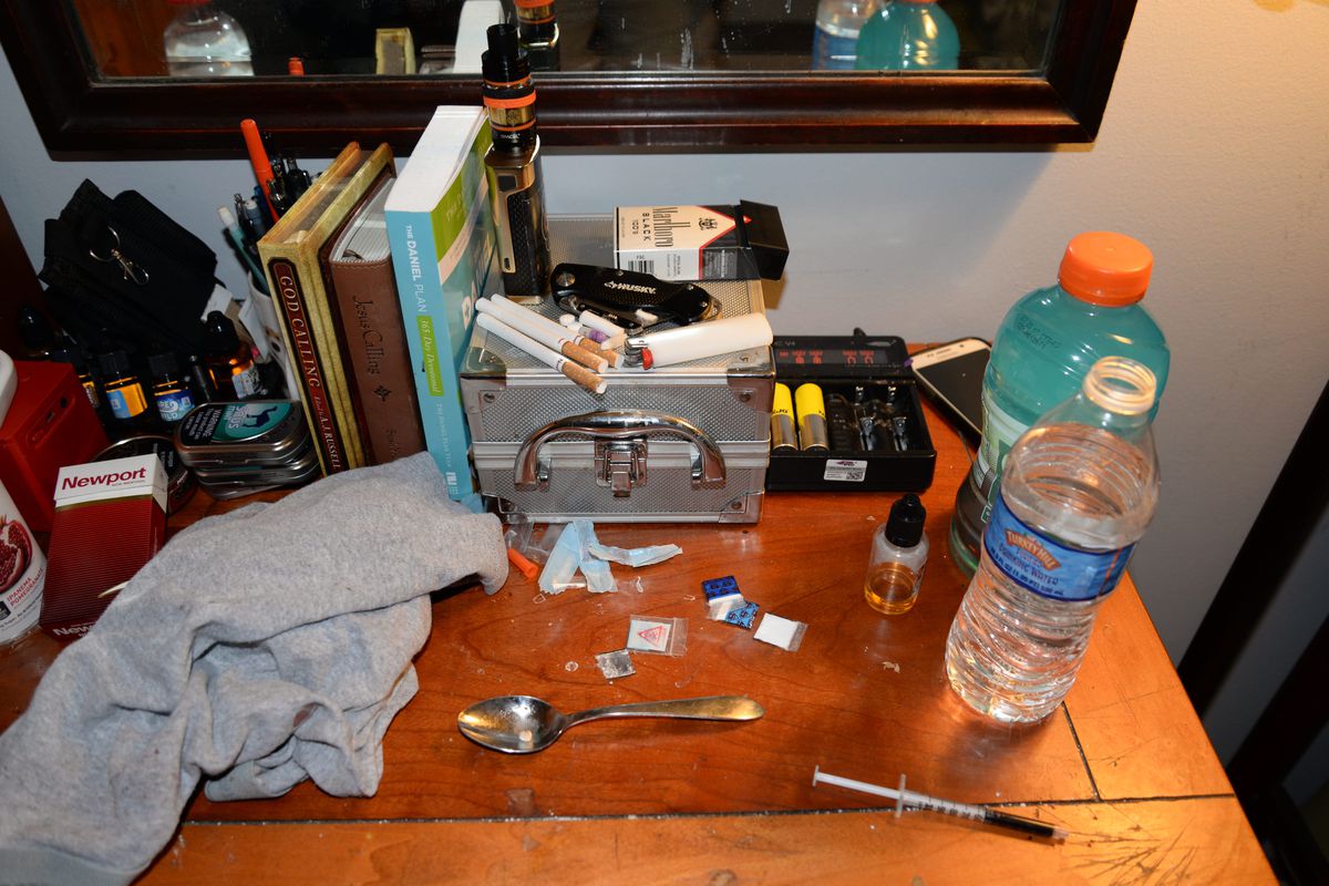 The nightstand of one of the counselors at the Freedom Ridge Recovery Lodge who recently overdosed.