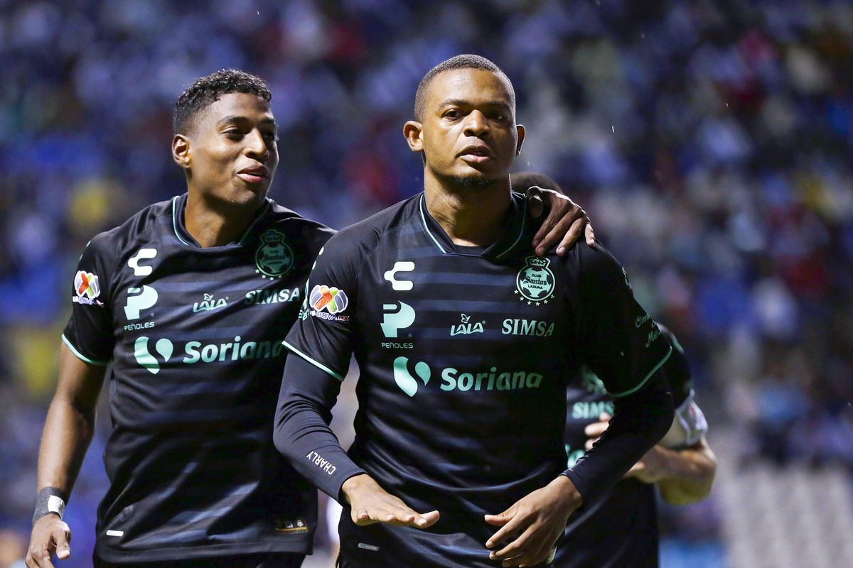 Harold Preciado of Santos celebrates after scoring the team’s second goal during the 2nd round match between Puebla and Santos Laguna as part of the Torneo Apertura 2023 Liga MX at Cuauhtemoc Stadium on July 7, 2023 in Puebla, Mexico.
