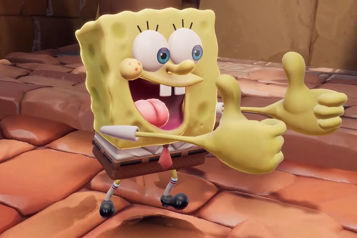 SpongeBob Squarepants gives a double thumbs up in a screenshot from Nickelodeon All-Star Brawl 2