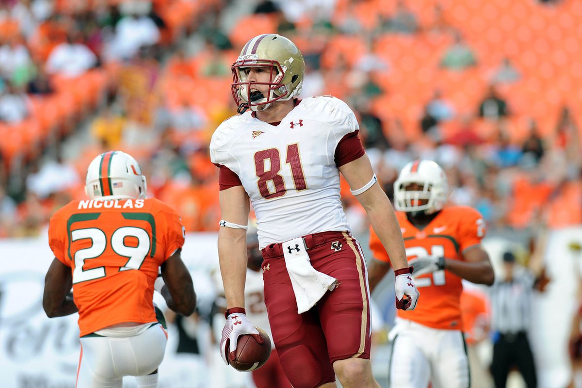 Boston College Eagles tight end Chris Pantale (81) celebrates his touchdown during the first half against the Miami Hurricanes at Sun Life Stadium. Steve Mitchell-US PRESSWIRE