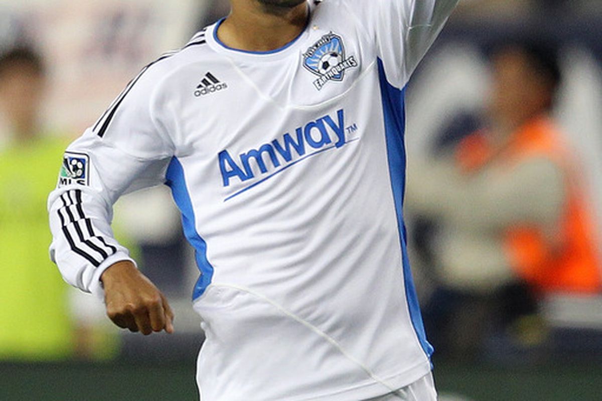FOXBORO, MA - OCTOBER 8:  Chris Wondolowski #8 of the San Jose Earthquakes reacts after scoring a goal against the New England Revolution at Gillette Stadium on October 8, 2011 in Foxboro, Massachusetts. (Photo by Jim Rogash/Getty Images)