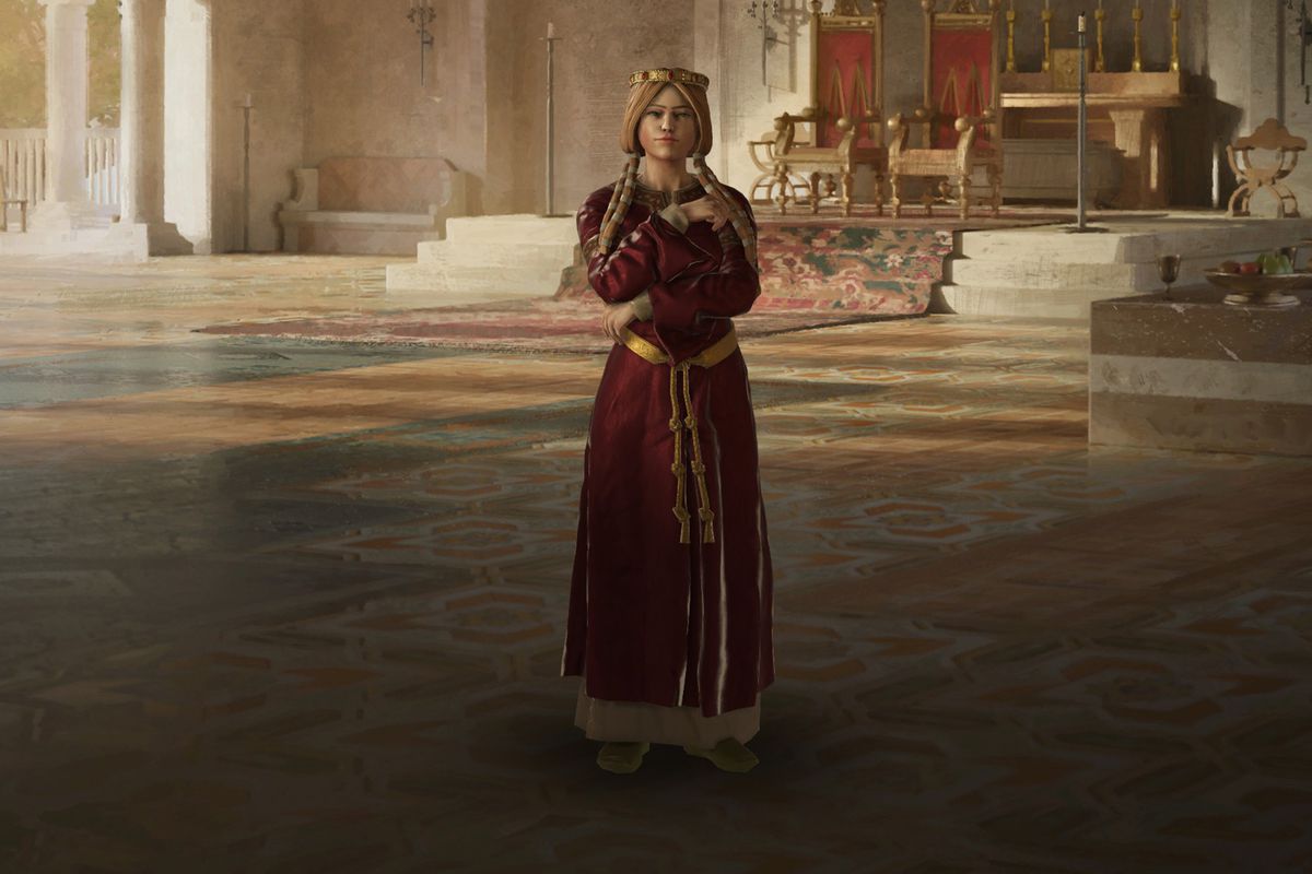 A woman in regal red robes stands in a beautiful palace, the marble floor gleaming in the sunlight.