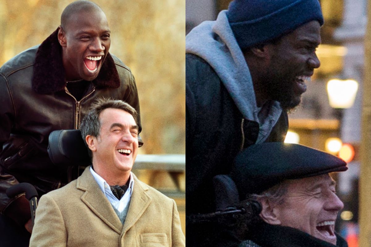 On the left, François Cluzet&nbsp;and&nbsp;Omar Sy in The Intouchables; on the right, Kevin Hart and Bryan Cranston in The Upside, the American remake.
