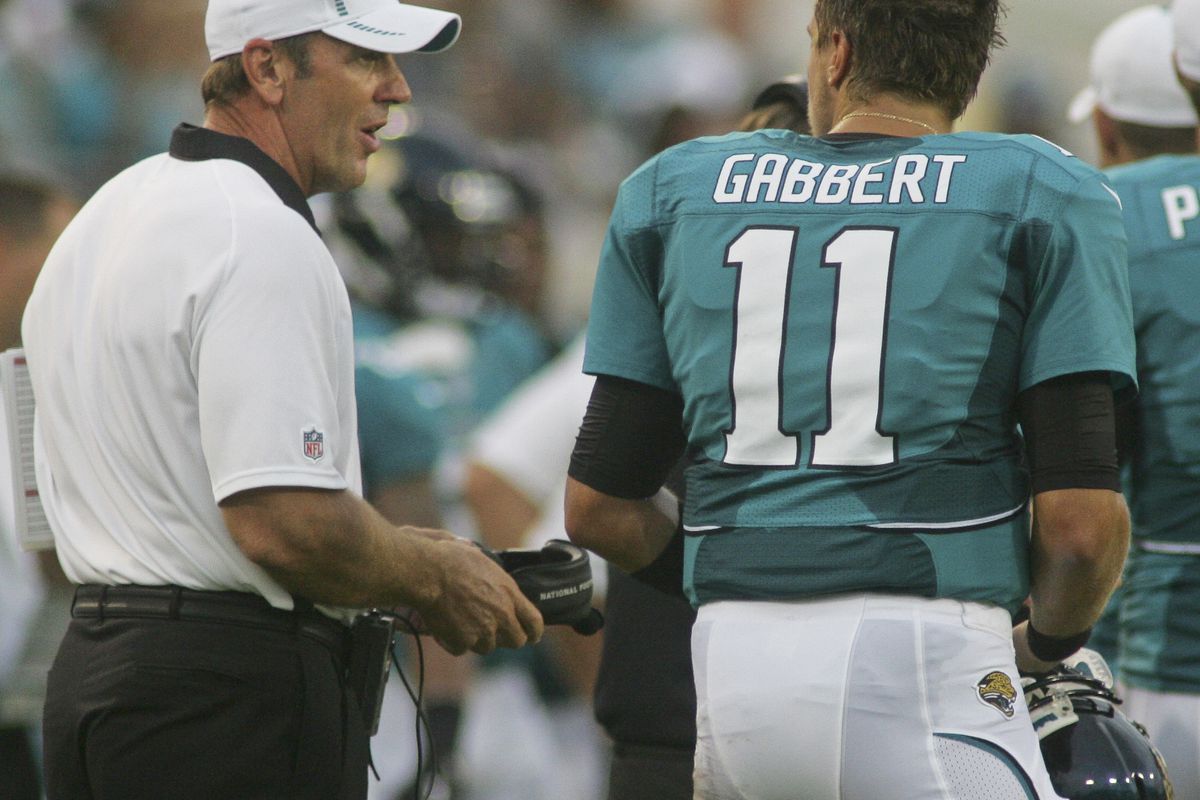 August 30, 2012; Jacksonville FL, USA; Jacksonville Jaguars head coach Mike Mularkey talks to quarterback Blaine Gabbert (11) in the second quarter of their game against the Atlanta Falcons at EverBank Field. Mandatory Credit: Phil Sears-US PRESSWIRE