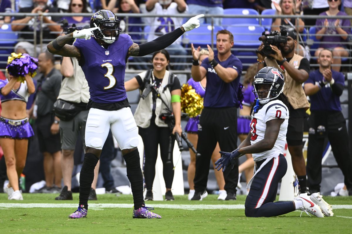 Baltimore Ravens wide receiver Odell Beckham Jr. (3) reacts after a reception against the Houston Texans during the second half at M&amp;T Bank Stadium.