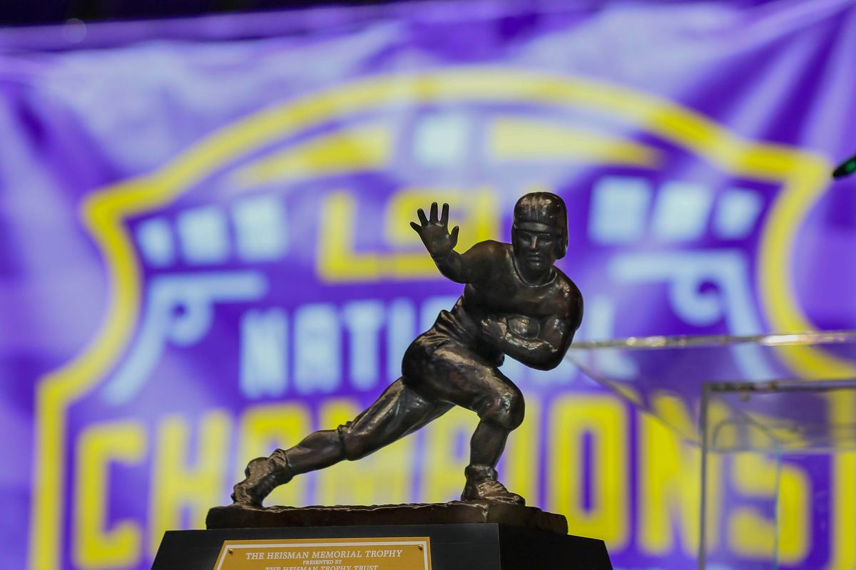 View of the Heisman trophy on display during the LSU championship trophy presentation at Pete Maravich Assembly Center.