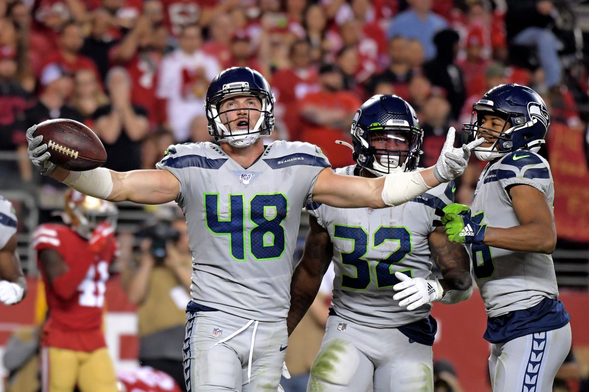 Seattle Seahawks tight end Jacob Hollister celebrates after recovering a fumble during the second half San Francisco 49ers at Levi’s Stadium.