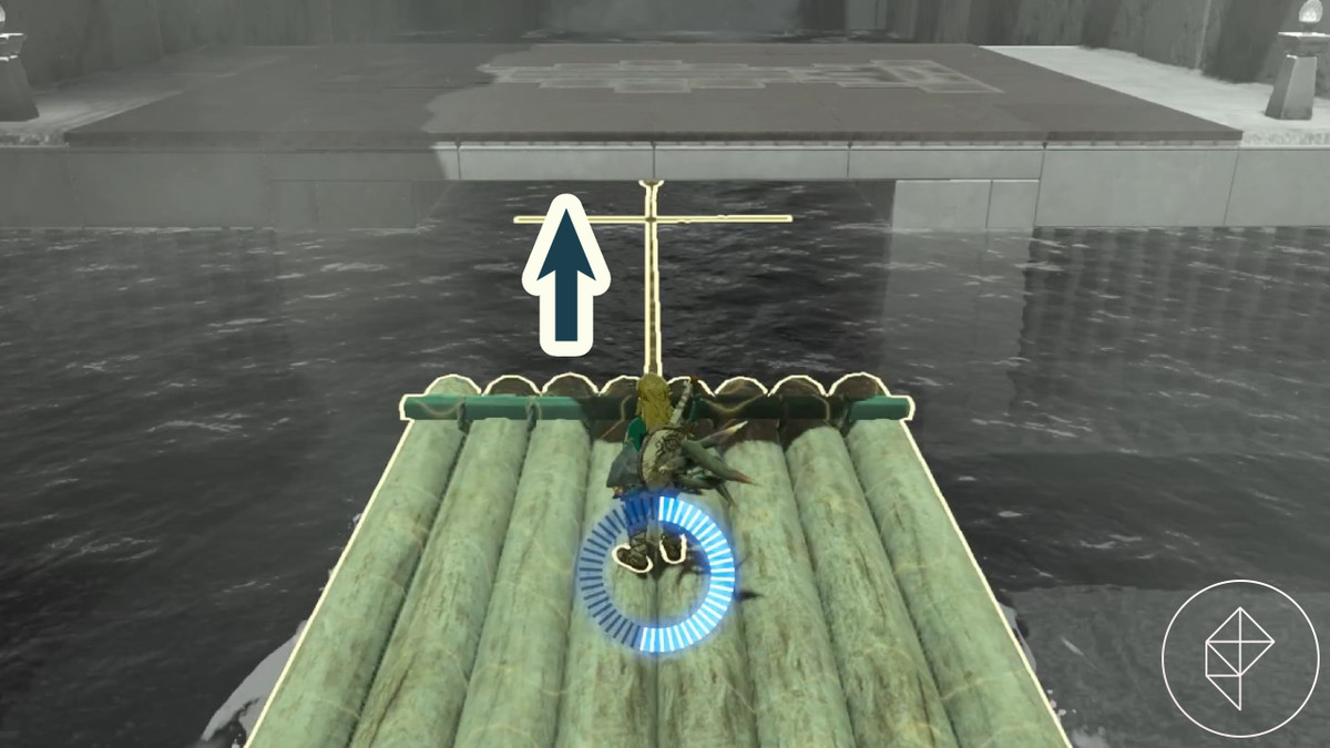 Link rewinding time on a raft at the beginning of the Nachoyah Shrine in the Legend of Zelda Tears of the Kingdom