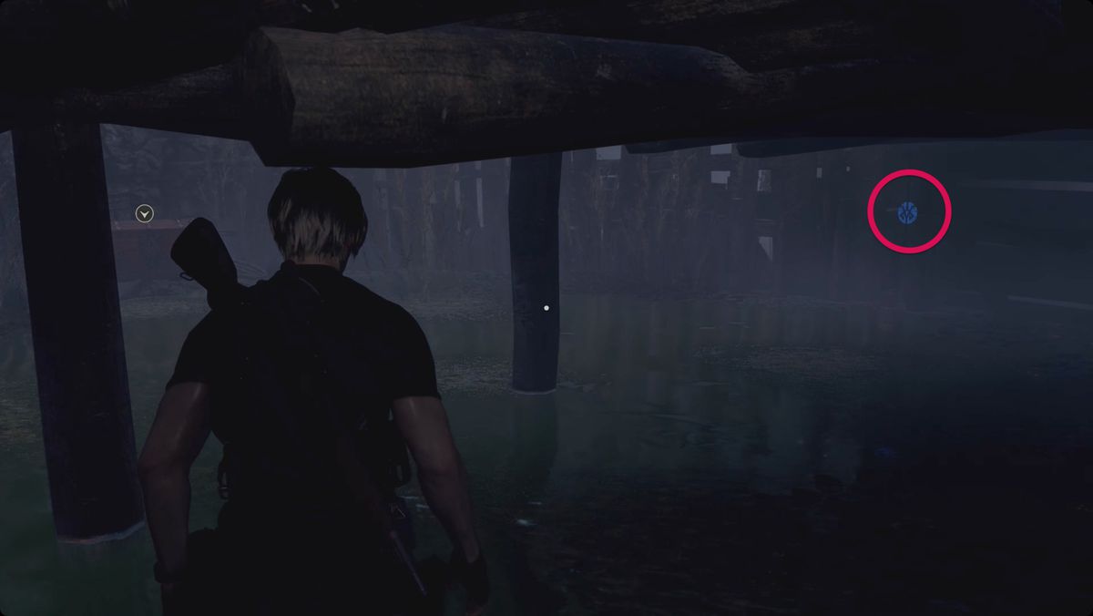 Resident Evil 4&nbsp;remake&nbsp;Leon under a dock in the Fish Farm with the Blue Medallion 4 circled.