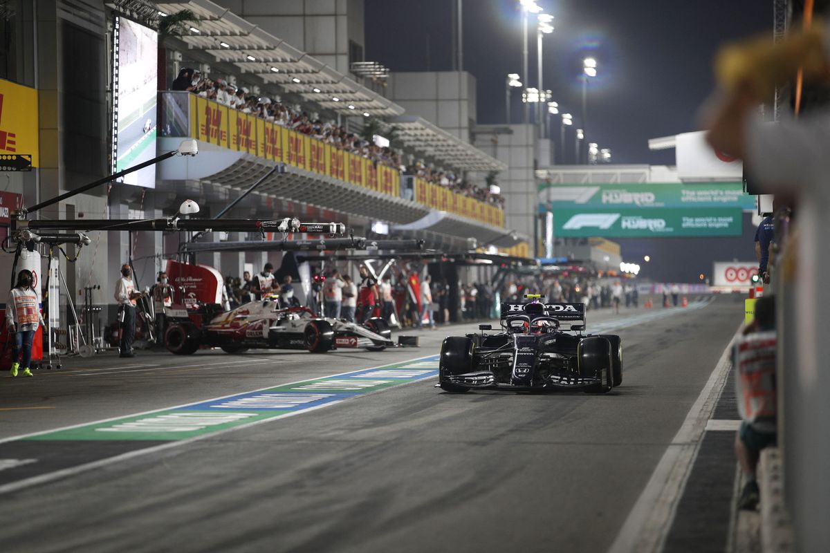 AlphaTauri’s French driver Pierre Gasly exits the pits during the qualifying session ahead of the Qatari Formula One Grand Prix at the Losail International Circuit, on the outskirts of the capital city of Doha, on November 20, 2021.