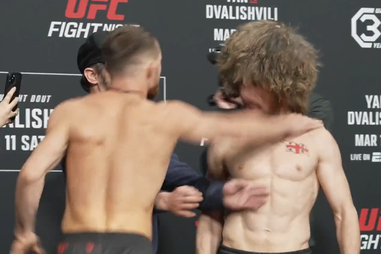 Petr Yan and Merab Dvalishvili get physical at the UFC Vegas 71 weigh-ins.