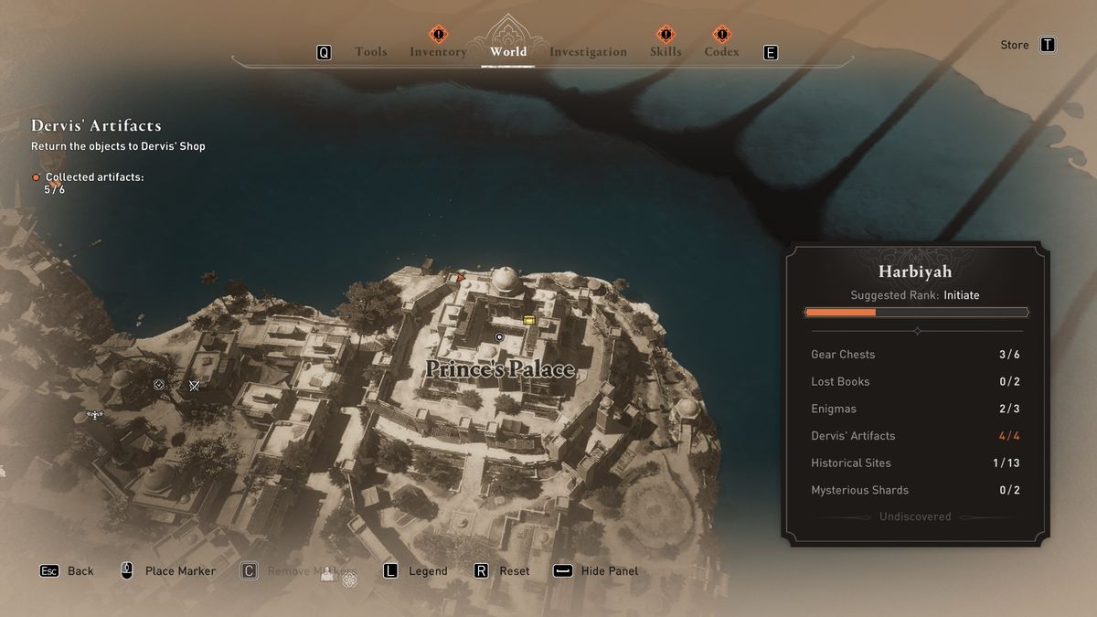 A map shows the location of a Gear Chest in Harbiyah in AC Mirage.