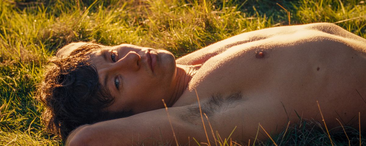 Oliver (Barry Keoghan), shirtless and lying on his back with an arm behind his head in a sunny meadow in Emerald Fennell’s Saltburn