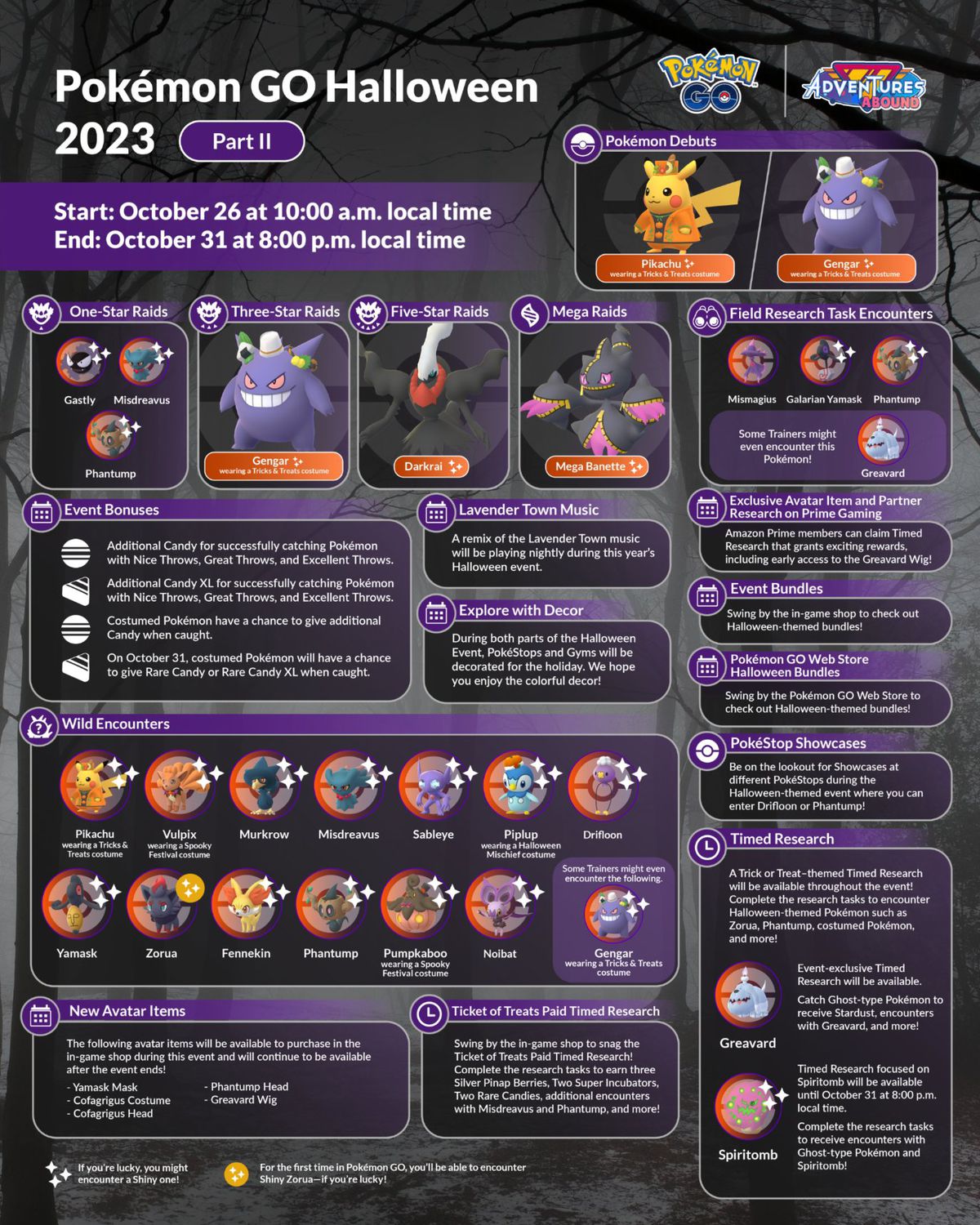 A huge infographic for Pokémon Go’s Halloween event, detailing spawns, debuts, and other bonuses.