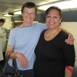 Fran Yates and Mondi Alailima, after donating at the American Red Cross Salt Lake Donor Center July 22. The center is part of the Lewis and Clark Region of the Red Cross, which receives more than 24 percent of its donations from LDS facilities. An extension of the church's influence within the Red Cross is the Interfaith Community Blood Drive, started by leaders of Bay Area congregations of the LDS and Catholic churches. The enterprise is believed to be the largest church-organized blood drive in American Red Cross history.