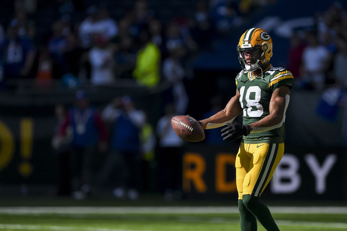 Randall Cobb of Green Bay Packers gestures during the NFL match between New York Giants and Green Bay Packers at Tottenham Hotspur Stadium on October 9, 2022 in London, England.