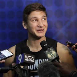 Grayson Allen, from Duke, participates in the NBA draft basketball combine Thursday, May 17, 2018, in Chicago. (AP Photo/Charles Rex Arbogast)