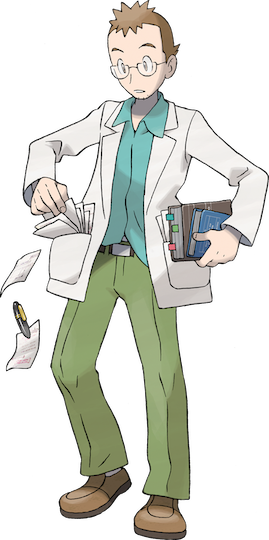 El profesor Elm, que lleva pantalones verdes y una camisa verde azulada.  Se le caen papeles del bolsillo.