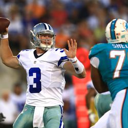 Aug 4, 2013; Canton, OH, USA; Dallas Cowboys quarterback Nick Stephens (3) throws a pass in the first quarter of the 2013 Pro Football Hall of Fame game against the Miami Dolphins at Fawcett Stadium.
